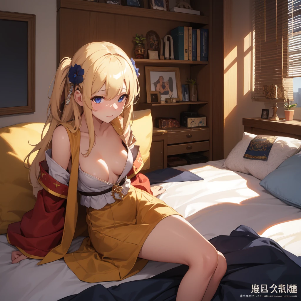 Highest quality、Ultra-high resolution、Fantasy、roleplaying game、With a small breast and a shy look on her face on the bed５Head and body woman