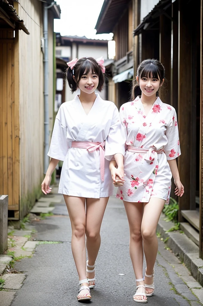 2 girls walking in old-Japanese street,floral white yukata with pink obi,18-year-old,bangs,a little smile,thighs,knees,short hair and low pigtails with red ribbon bow,from before,front light