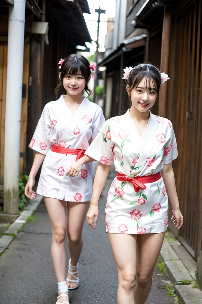 2 girls walking in old-Japanese street,floral white yukata with pink obi,18-year-old,bangs,a little smile,thighs,knees,short hair and low pigtails with red ribbon bow,from before,front light