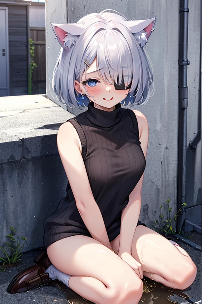 1 girl, wearing white sleeveless sweater, no pants nude, white short hair with accessories, cat ears, (bangs covering right eye:1.5), blue eyes, in a small alley, sit on the floor, smile, tongue out, blushing, hentai, , (detailed), ((best quality)), (wetting herself:1.5)