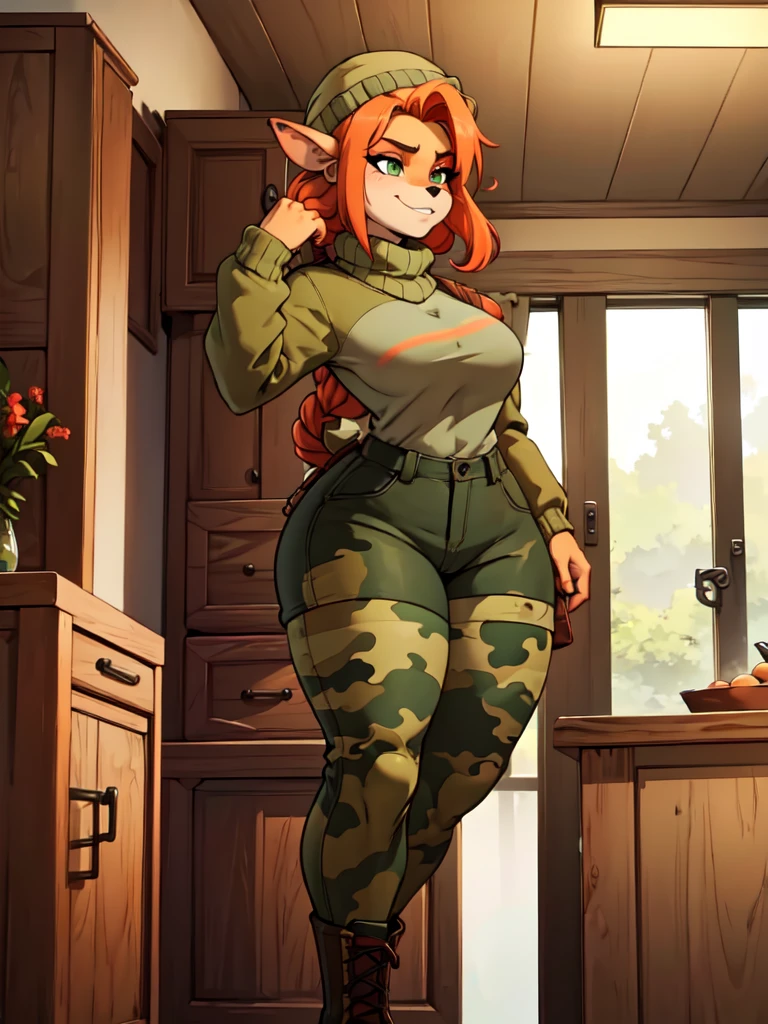 (best quality,4k,8k,highres,masterpiece:1.2),ultra-detailed,realistic:1.37,portrait, sancy anthro bandicoot girl redhead, braided hair, beautiful green eyes,  sexy ,seductive, warm sweater, beanie-balaclava, camouflage pants, army boots, smirking, cozy lighting, vibrant colors ,girl anthro , sweater, beanie-balaclava, camouflage pants, army boots, put on army combat boots close-up,ties up