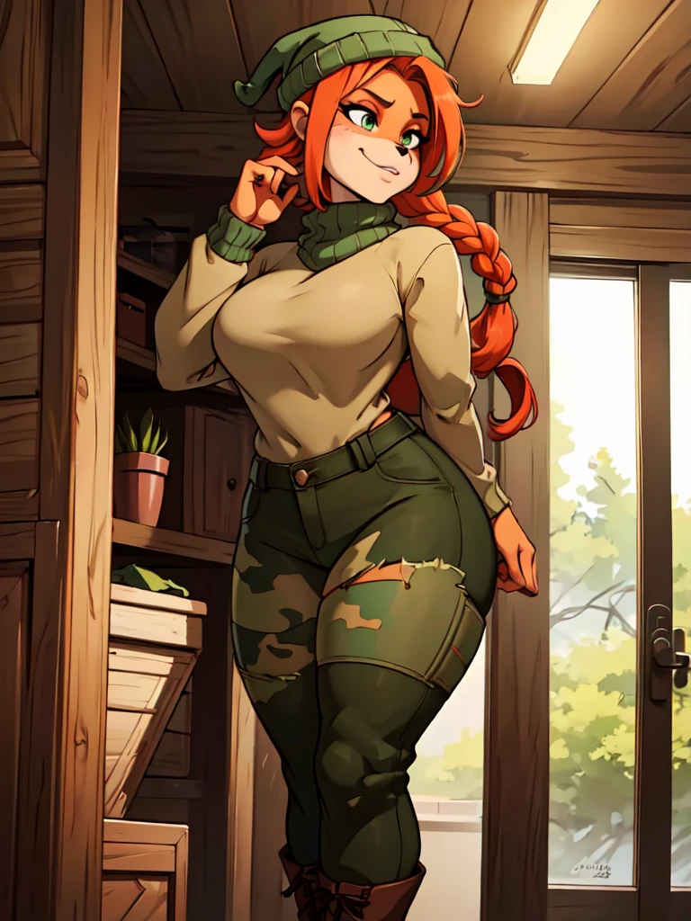 (best quality,4k,8k,highres,masterpiece:1.2),ultra-detailed,realistic:1.37,portrait, sancy anthro bandicoot girl redhead, braided hair, beautiful green eyes, sexy ,seductive, warm sweater, beanie-balaclava, camouflage pants, army boots, smirking, cozy lighting, vibrant colors ,girl anthro , sweater, beanie-balaclava, camouflage pants, army boots, put on army combat boots close-up,ties up