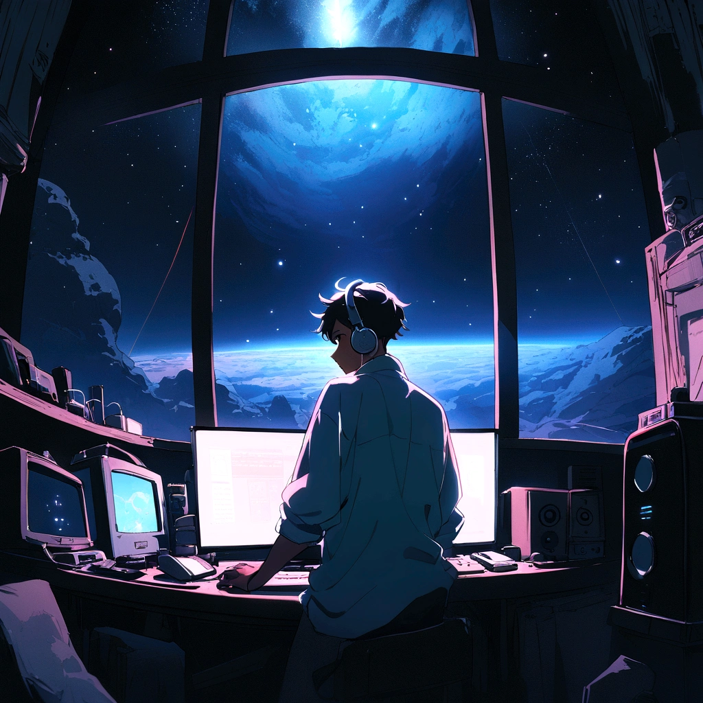 Back view of cool young man listening to music on computer in room full of gadgets, Pol Makoto Shinkai e Ghibli Studio, Dramatic lighting, God's Perspective, Great quality, Dark Skin, Cone Fade、Space landscape with earth on top、creative、neon、Near future