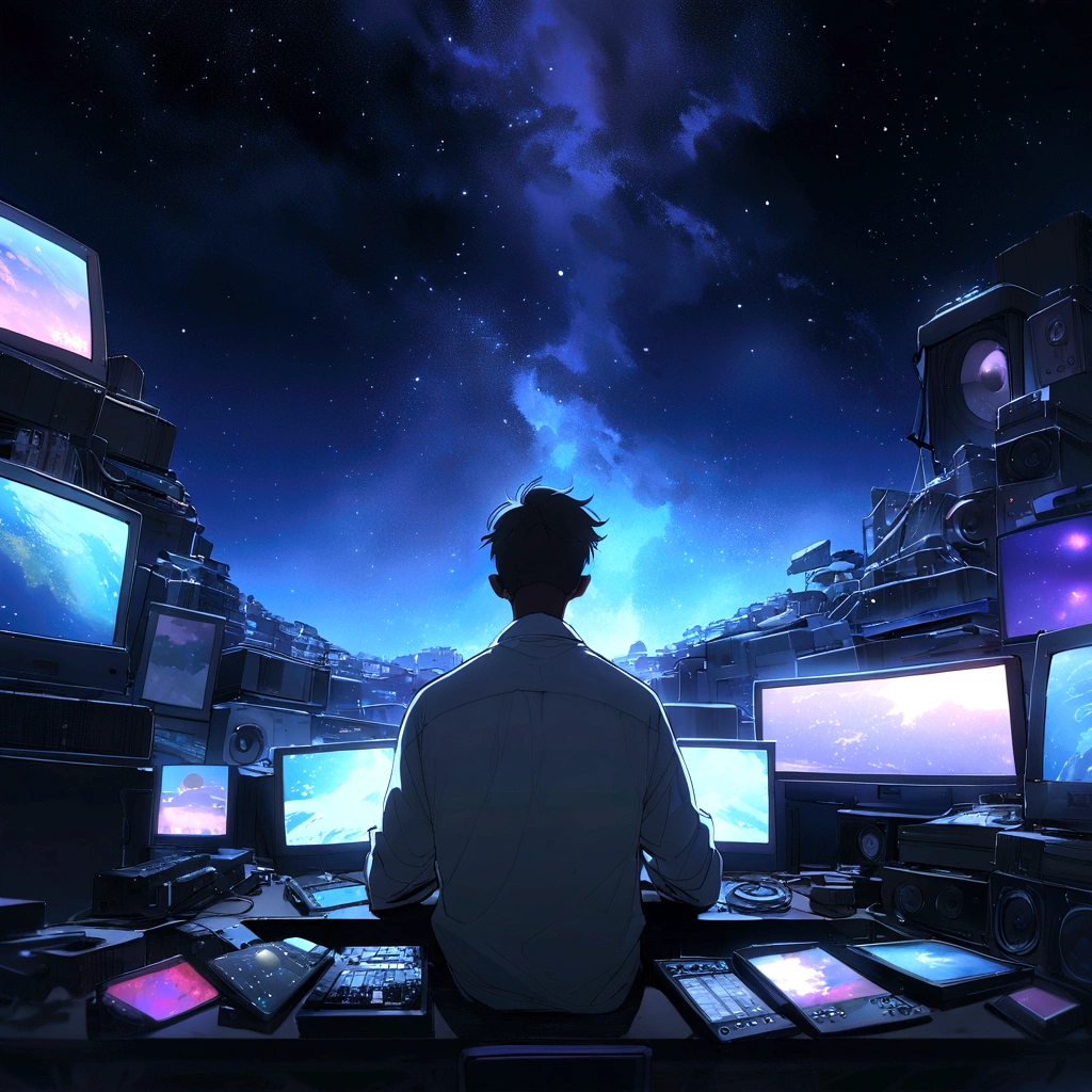 Back view of cool young man listening to music on computer in room full of gadgets, Pol Makoto Shinkai e Ghibli Studio, Dramatic lighting, God's Perspective, Great quality, Dark Skin, Cone Fade、Space landscape with earth on top、creative、neon、Near future