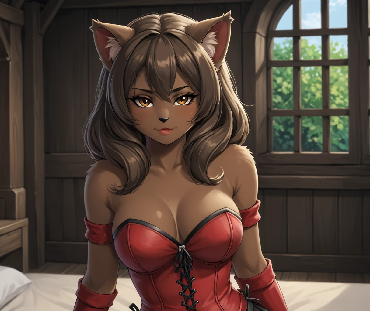 ((ultra quality)), ((masterpiece)), Miranda - Devoted, Wakfu Style, cat girl, fluffy cat, ((brown-haired woman with medium length hair)), (Beautiful face), (beautiful female lips), (Have cat ears), (black cat nose), (), charming, ((sexy facial expression)), looks at the camera, Eyes slightly open, (Skin color brown), (dark skin), glare on the body, ((detailed beautiful female eyes)), ((Brown eyes)), (juicy female lips), (Dark eyeliner), (beautiful female hands), ((ideal female figure)), ideal female body, Beautiful waist, Gorgeous thighs, Beautiful medium sized breasts, ((Slim and beautiful)), sitting sexy (face close up), (red long gloves, red corset, black long skirt) Background: medieval house in fantasy style, ((depth of field)), ((clear high quality image)), (clear details), ((high detail)), really, Professional photo shoot, ((Clear Focus)), Anime