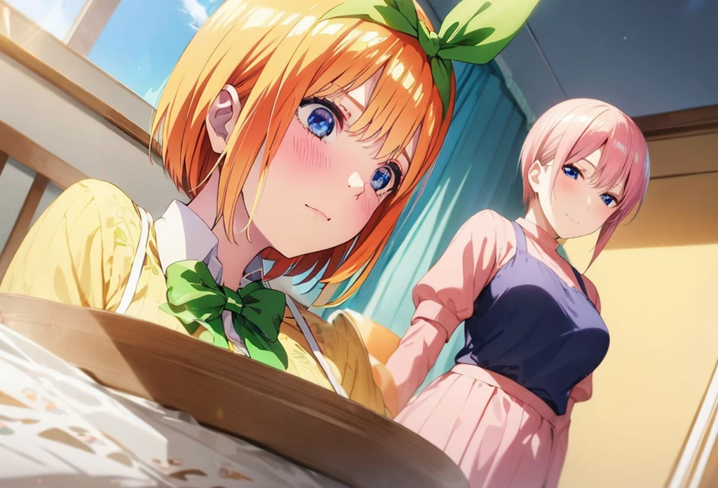  [Nakano yotsuba, nakano_yotsuba, aayotsuba, shoulder length orange hair, green ribbon] blushing, looking down, embarassed face, flustered, goofy awkward, extremely cute face, in love, dreamy eyes,  best quality)), extremely fine and beautiful, super fine illustration, top-quality、Official art、Beautifully Aesthetic:、vivid colours、colourful, HD Detail, Ultra Detail, soft Light, magical photography, intricate details, , sfw, , indigo eyes, masterpiece, 4k, ultradetailed,