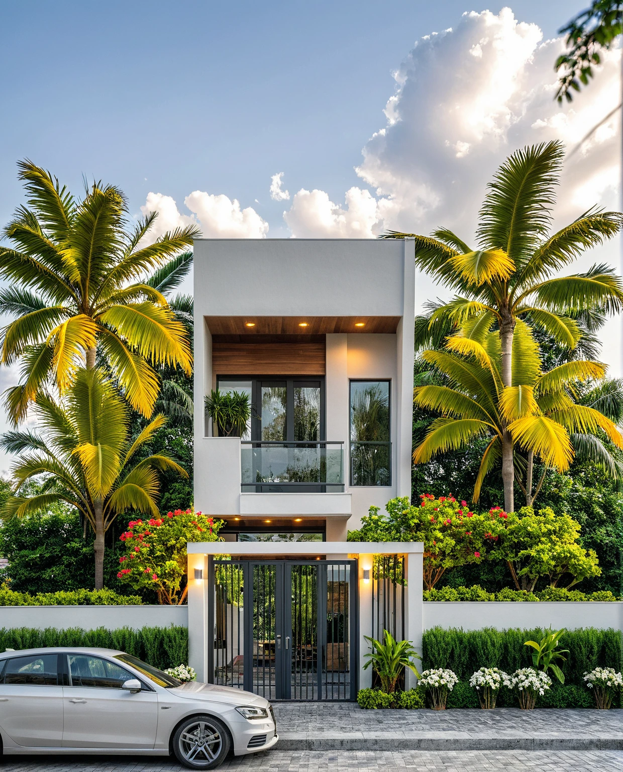 Masterpiece, high quality, best quality, authentic, super detailed, outdoor, aiaigroup, modern townhouse style, stairs, white wall combined with wood, wind encaustic tiles, iron gate, conwood ceiling, flowers, path, summer evening, grass, trees, sky, clouds, (daylight: 1.1)