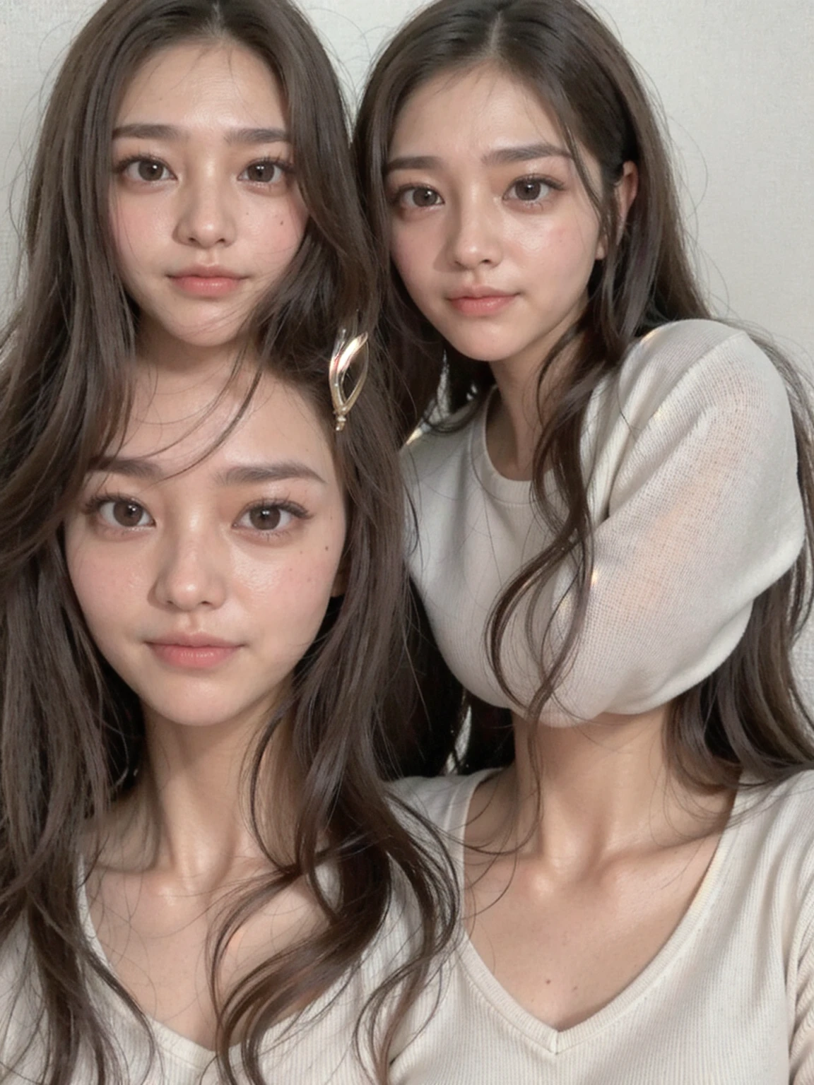 arafed woman with long brown hair and a white shirt, south east asian with round face, without makeup, headshot profile picture, with round face, asian face, face is brightly lit, 3 0 years old woman, 30 years old woman, no makeup wavy hair, taken in the early 2020s, detailed face of a asian girl