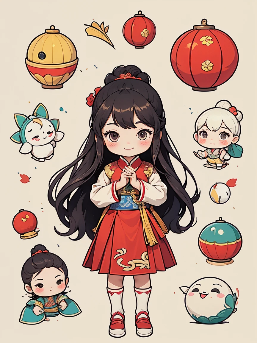 5-year-old girl,Costume girl,Chinese Tang Dynasty Girl,Over-the-knee long skirt,Standing,Embroidered shoes,Ball head hairstyle,whole body,Smile,Hands hanging down,Blank Background