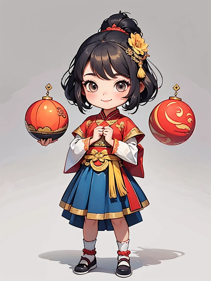 5-year-old girl，Costume girl，Chinese Tang Dynasty Girl，Over-the-knee long skirt，Standing，Embroidered shoes，Ball head hairstyle，whole body，Smile，Hands hanging down，Blank Background