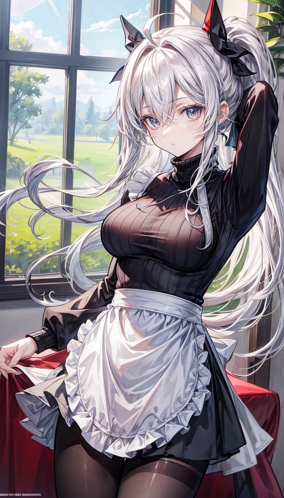 (masterpiece, top quality, best quality, official art, beautiful and aesthetic:1.2),(8k, best quality, masterpiece:1.2), (((masterpiece))),(((best quality))),(((extremely detailed))), illustration, who, (masterpiece, top quality, best quality, official art, beautiful and aesthetic:1.2),(8k, best quality, masterpiece:1.2), masterpiece, best quality, illustration, highres, ultra-detailed, 1girl, acheron \(honkai: star rail\), 1girl, solo, pantyhose, breasts, long hair, apron, hair over one eye, looking at viewer, sweater, red eyes, large breasts, ponytail, turtleneck, arms behind back, ahoge, grey hair, closed mouth, long sleeves, white sweater, turtleneck sweater, thighband pantyhose, black pantyhose, cowboy shot, brown pantyhose, indoors, very long hair, white hair, hair intakes, window