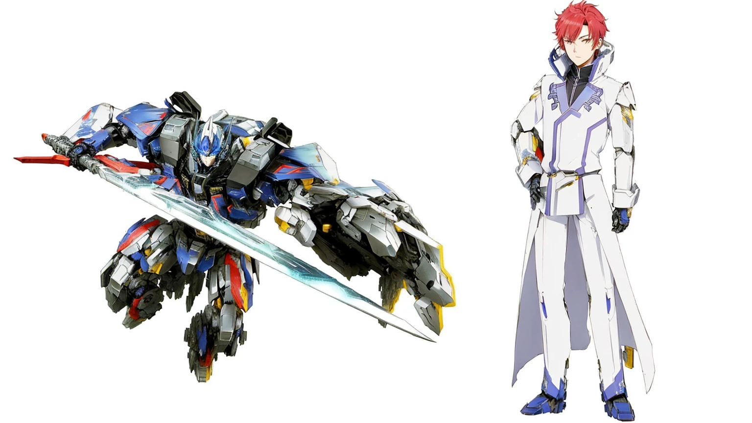 anime characters are standing next to each other with swords, rezero, cool mecha style, Optimus Prime anime, from transformers, greek god in mecha style, zoids art, anime art vehicle concept art, anime robots, an anime large mecha robot, anime robotic Reinhard Van Astrea, giant anime mecha, ferra white mecha, anime mech armor