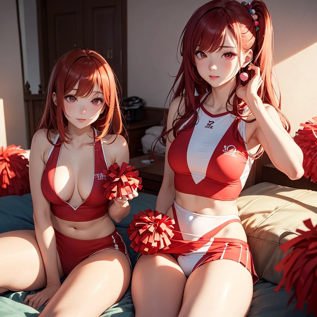 Two beautiful young women, Anime Style, Detailed face, Redhead, Red eyes, Delicate features, Soft lighting, wearing cheerleader costume, Sleeping in bed、Bedroom、 Person holding pom-poms, The other one is in a dynamic pose, Japanese Anime Style, high quality, Very detailed, 8K resolution, Cinema Lighting, 最high quality, Vibrant colors, Instagrammable, beautiful, trend、Erotic、sexy