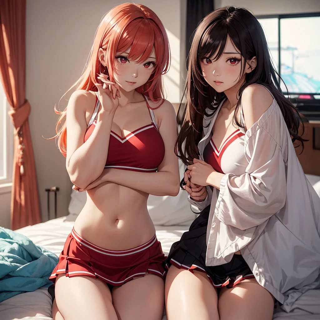 Two beautiful young women, Anime Style, Detailed face, Redhead, Red eyes, Delicate features, Soft lighting, wearing cheerleader costume, Sleeping in bed、Bedroom、 Person holding pom-poms, The other one is in a dynamic pose, Japanese Anime Style, high quality, Very detailed, 8K resolution, Cinema Lighting, 最high quality, Vibrant colors, Instagrammable, beautiful, trend、Erotic、sexy