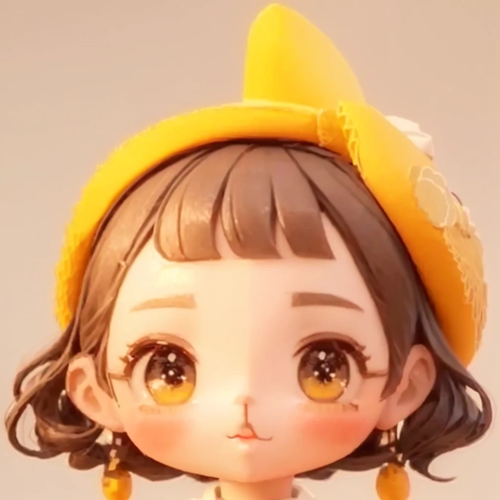 Close-up of a doll wearing a hat, Lovely characters, Stylized anime, Kawaii realistic portrait, Rendering a cute 3D anime girl, Close-up characters, Cute girl anime visual, Lovely art style, Cute anime face, Anime style 3d, Cute cartoon characters, Cute expression, Anime style, Realistic anime 3D style, Change