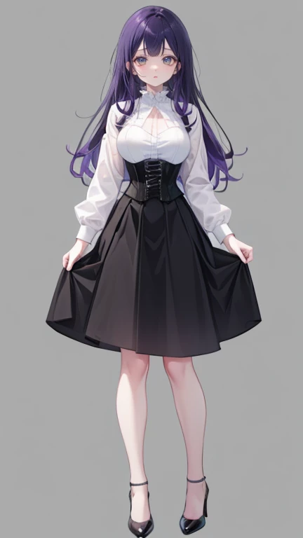 Purple Hair,Long Hair,Adult female,White Y-shirt,((Roll up her sleeves)),(corset),(Black tight skirt),(High heels),((A simple, blank white background)),smile,((full body)),((whole body)),