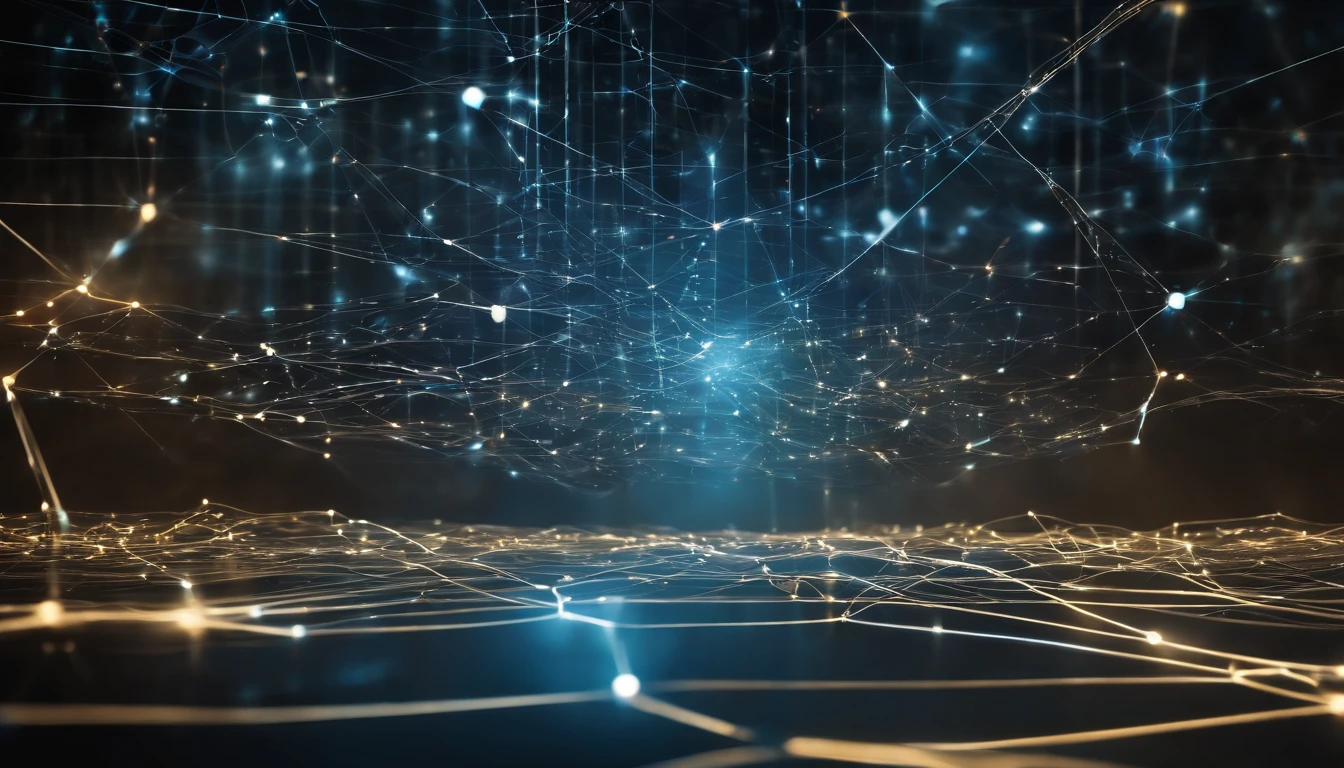 A vibrant digital network landscape with interconnected nodes and glowing data streams. The image should have a sense of motion and energy, with blue and black colors dominating the scene, symbolizing data flow and connectivity.