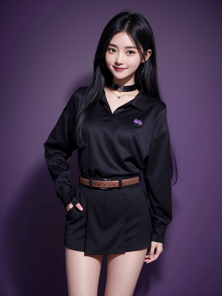 1 girl, black long hair,dark purple shirt with collars, long sleeve, black skirt, tie, belt, standing, smile,neckless, purple background