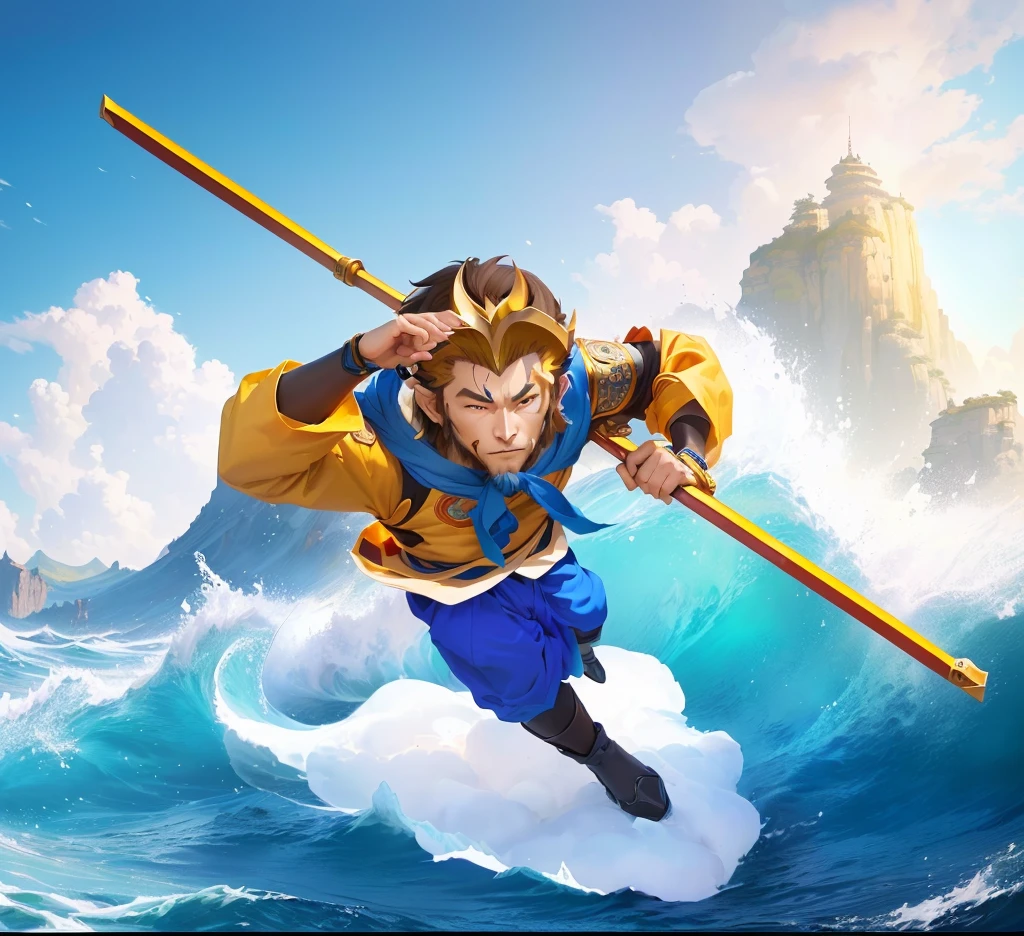 Cartoon character in a shirt and blue pants is flying over the waves, sun wukong, wukong, Sun Wukong, Humanoid monkey fantasy race, Journey to the West, Official Art, Incarnation superpowers, hold head high, avatar hold head high, Mobile Game Art, concept art of a monk, high detailed Official Artwor丝艺术, Propaganda Art