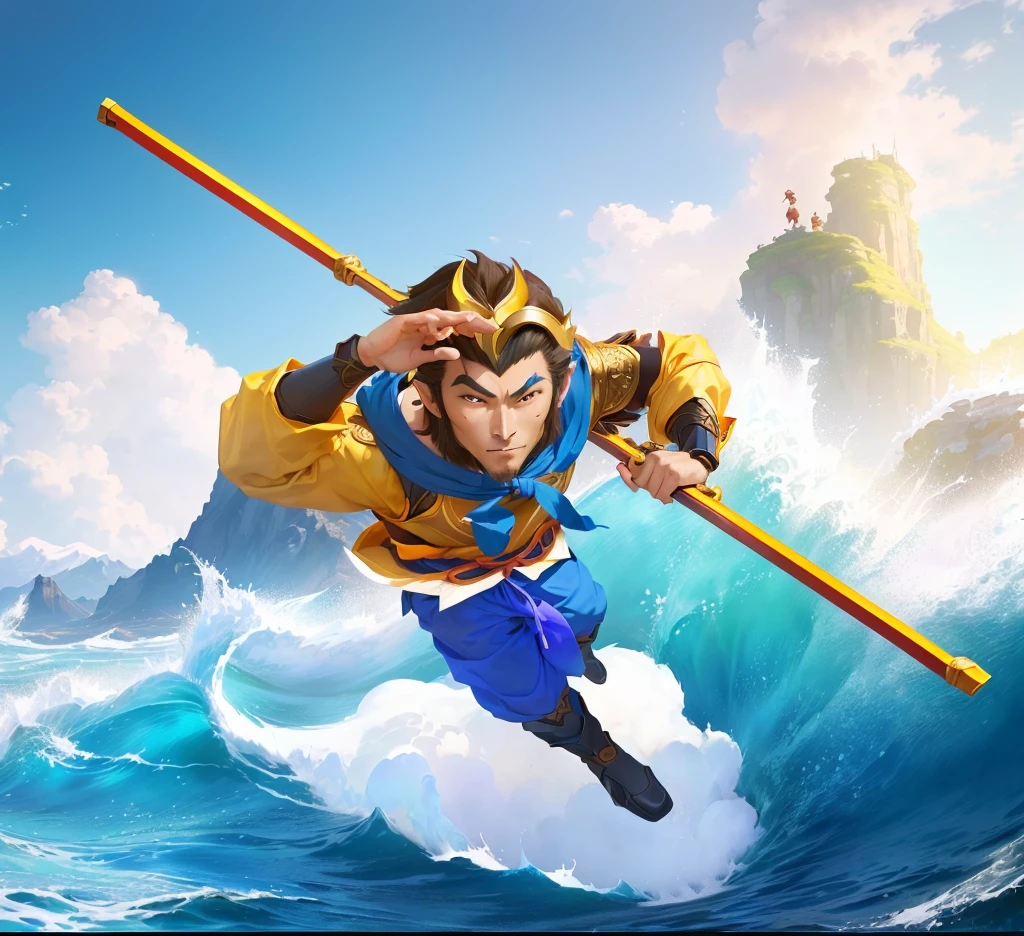 Cartoon character in a shirt and blue pants is flying over the waves, sun wukong, wukong, Sun Wukong, Humanoid monkey fantasy race, Journey to the West, Official Art, Incarnation superpowers, hold head high, avatar hold head high, Mobile Game Art, concept art of a monk, high detailed Official Artwor丝艺术, Propaganda Art