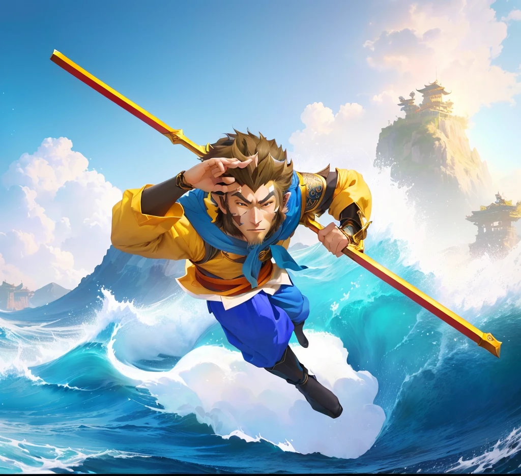 Cartoon character in a shirt and blue pants is flying over the waves, sun wukong, wukong, Sun Wukong, Humanoid monkey fantasy race, Journey to the West, Official Art, Incarnation superpowers, hold head high, avatar hold head high, Mobile Game Art, concept art of a monk, high detailed Official Artwor丝艺术, Propaganda Art