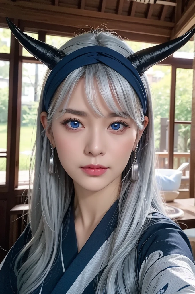 Two horns growing,40-year-old woman,Silver Hair,Asian,Korean style long hair,Headband,Long Bangs,Blue Eyes,Dark Skin,kimono,Selfie