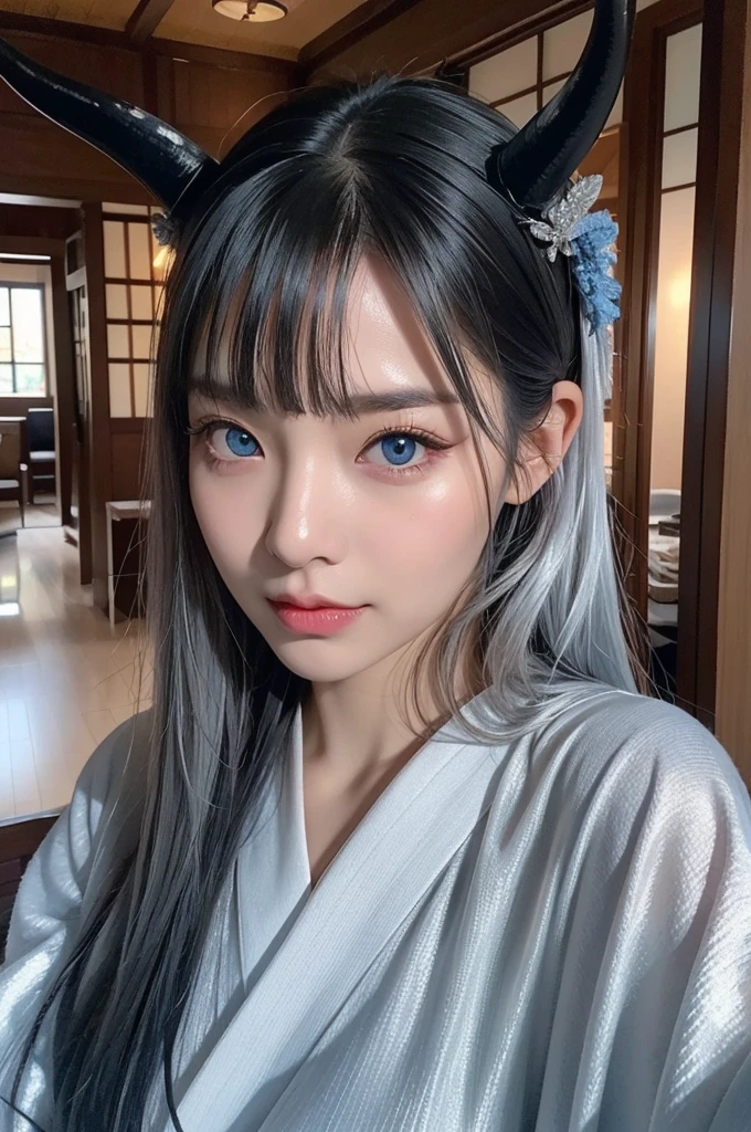 Two horns growing,40-year-old woman,Silver Hair,Asian,Korean style long hair,Headband,Long Bangs,Blue Eyes,Dark Skin,kimono,Selfie