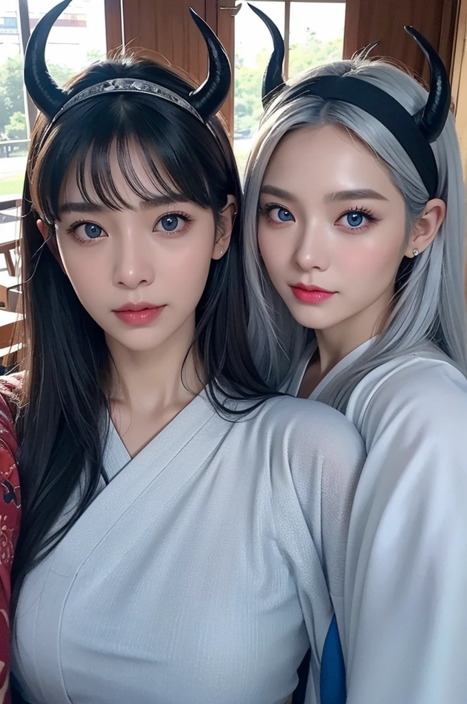 Two horns growing,40-year-old woman,Silver Hair,Asian,Korean style long hair,Headband,Long Bangs,Blue Eyes,Dark Skin,kimono,Selfie