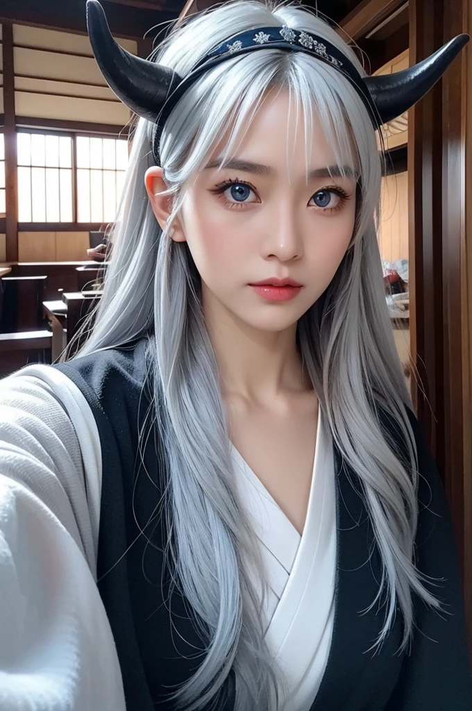 Two horns growing,40-year-old woman,Silver Hair,Asian,Korean style long hair,Headband,Long Bangs,Blue Eyes,Dark Skin,kimono,Selfie