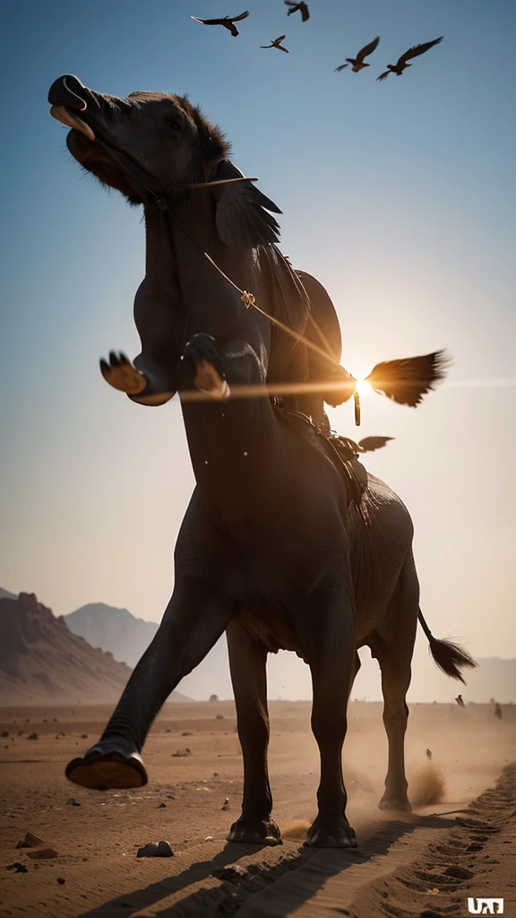 The dramatic atmosphere of a flock of ababil birds carrying small hot stones, which attacks the war troops riding elephants below. The background is a vast sky and a barren desert, creating an epic picture of an intense attack moment. Ultra-real, dramatic, high resolution, 8k resolution, intricate details