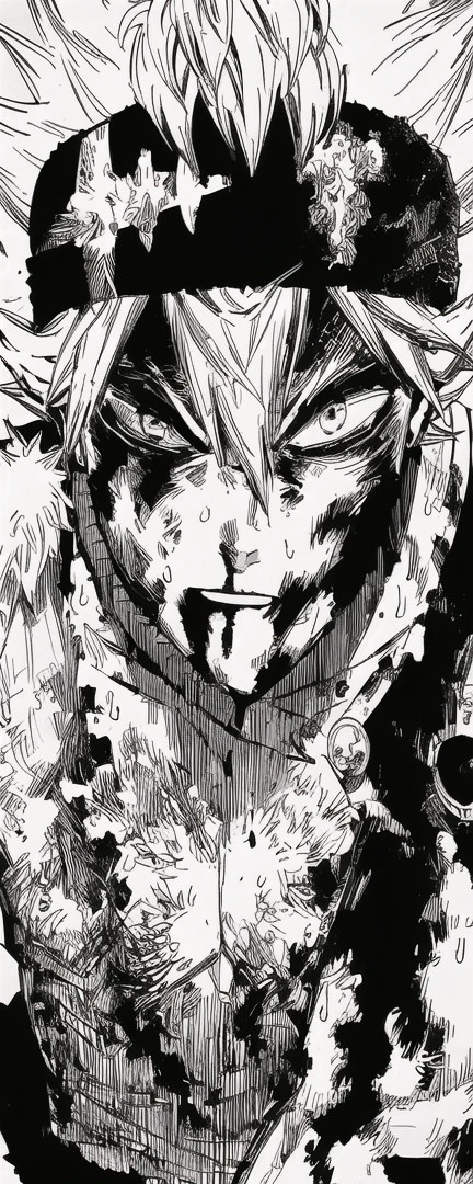 a drawing of asta with bloods, black and white manga panel, ink manga drawing, striking manga artstyle, black and white manga page, black and white manga style, detailed manga style, hyper detailed manga drawing, black and white manga comic, black and white manga, seinen manga portrait, manga, joker looks like naruto, spiked hair, headband, asta