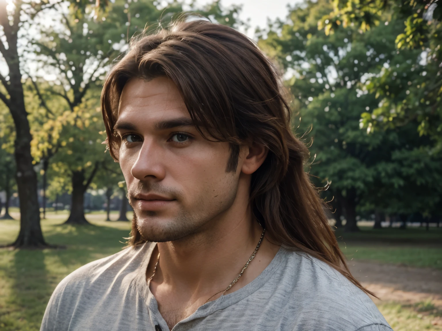 Handsome man 25-35 years old, in the park, mullet, brown hair, close up, satellite image, backlighting, UHD, high quality, best quality, highres, 8k, 16k