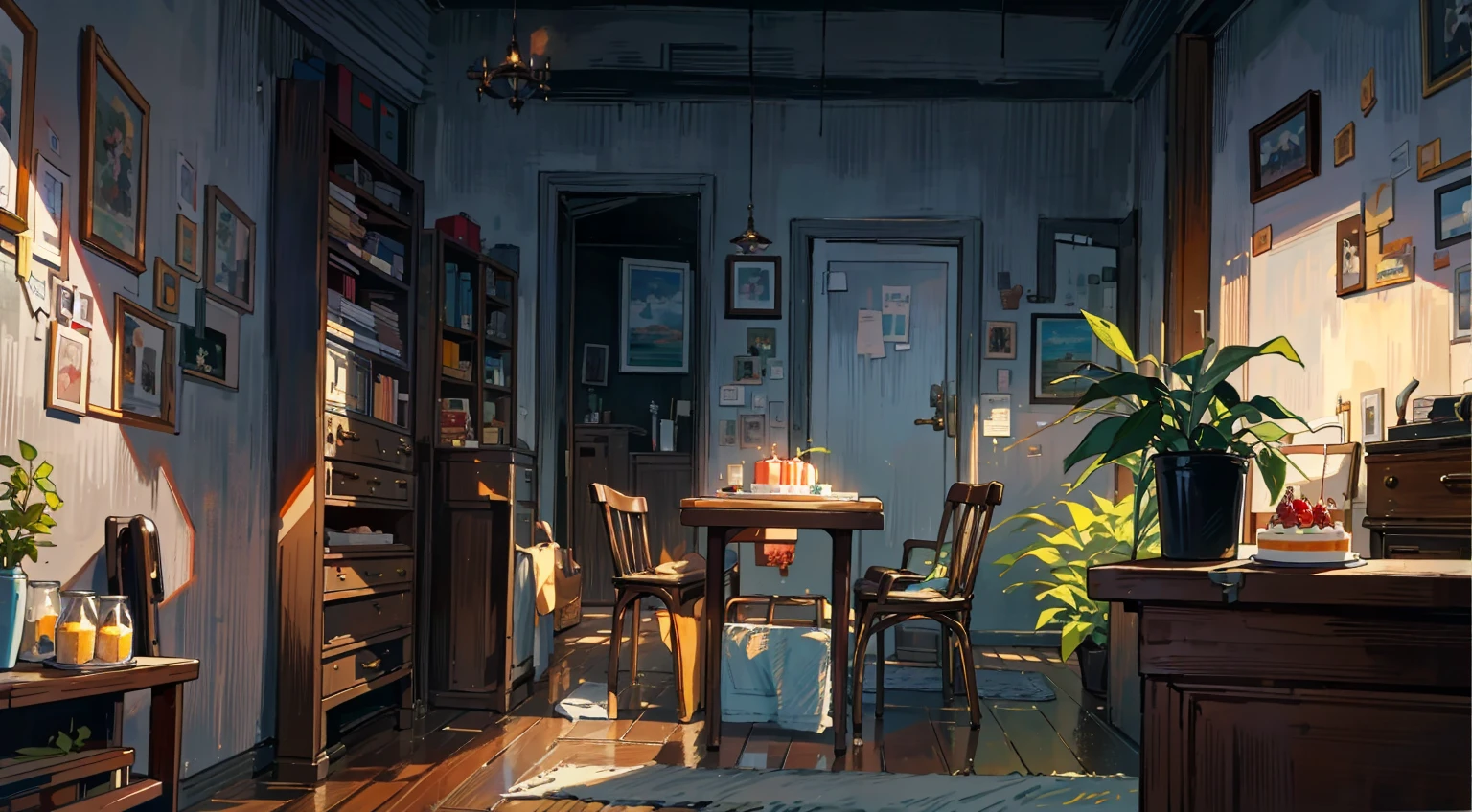 (best quality,masterpiece:1.2,detailed details,4k),A dim old apartment, a small birthday cake on an old wooden table, a modern apartment, an alarm clock on the wall, an anime scene,the wooden floor,