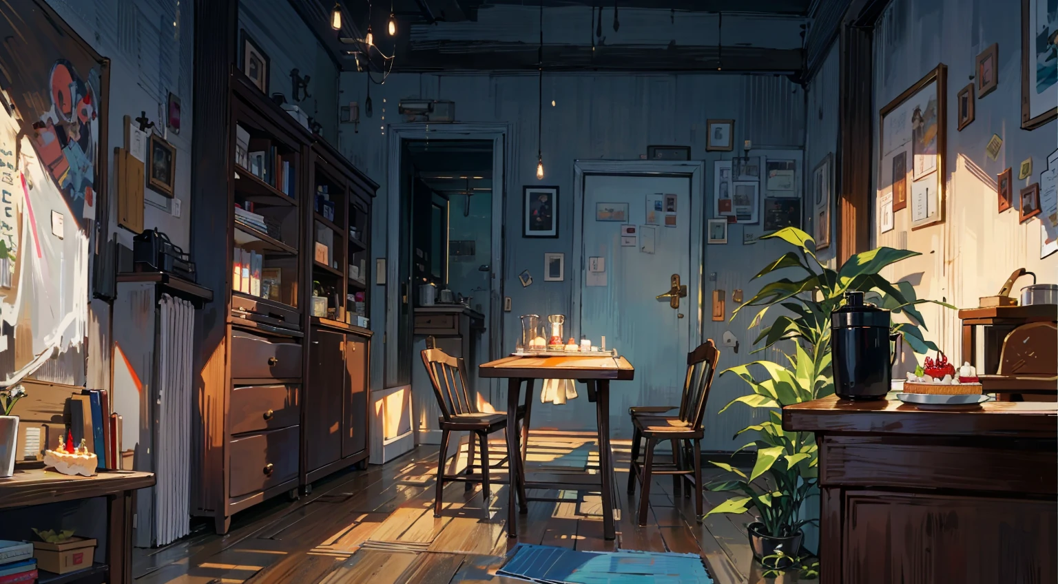 （best quality，masterpiece：1.2，detailed details，4k），A dim old apartment, a small birthday cake on an old wooden table, a modern apartment, an alarm clock on the wall, an anime scene,the wooden floor, 