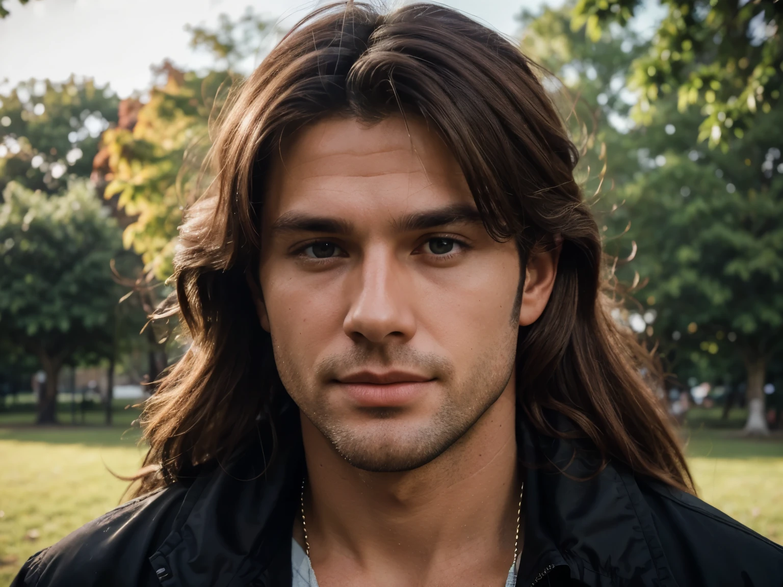 Handsome man 25-35 years old, in the park, mullet, brown hair, close up, satellite image, backlighting, UHD, high quality, best quality, highres, 8k, 16k