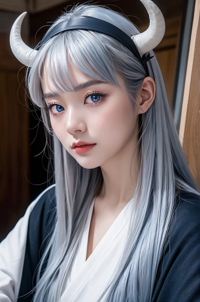 Two horns growing,30-year-old woman,Silver Hair,Asian,Korean style long hair,Headband,Long Bangs,Blue Eyes,Dark Skin,kimono,Selfie