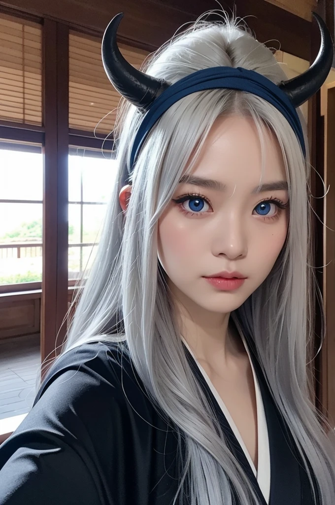 Two horns growing,30-year-old woman,Silver Hair,Asian,Korean style long hair,Headband,Long Bangs,Blue Eyes,Dark Skin,kimono,Selfie