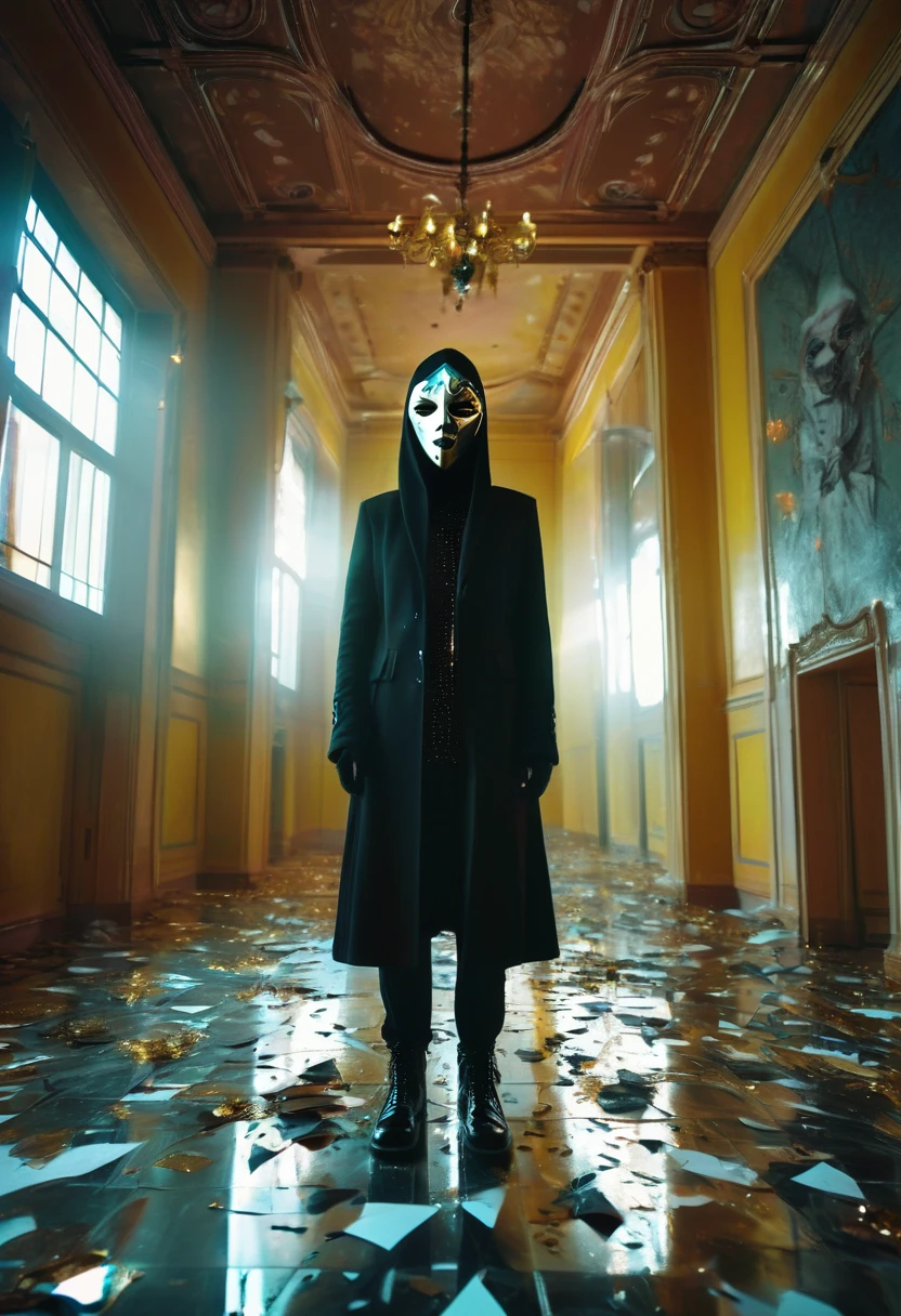 **decaying Phantasma human in a mask, polkadot, in the style of symmetrical composition | artistic reportage | mirrored | monochromatic portraits | saturated color field | sculptural expression | gothic romance, a wide view photo,unreal engine 5,Octane render, Super Clarity ,ultra Detail,32k,hyper detail eyes, Ultra-high Resolution, Ultra-high Definition, Super Clarity , Upside-down composition ,ultra wide angle ,a weirdo wearing dark scary metallic mask::3 , room,painful,sad,depressed,hopeless,loveless,lonely,empty paper everywhere,broken glasses everywhere,everywhere,white diamond-like texture floor,high ceiling ,god rays,smooth lighting::1