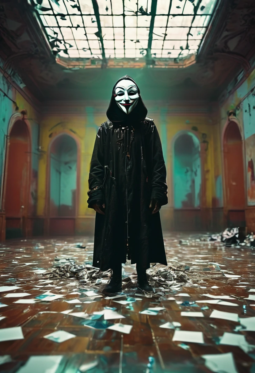 **decaying Phantasma human in a mask, polkadot, in the style of symmetrical composition | artistic reportage | mirrored | monochromatic portraits | saturated color field | sculptural expression | gothic romance, a wide view photo,unreal engine 5,Octane render, Super Clarity ,ultra Detail,32k,hyper detail eyes, Ultra-high Resolution, Ultra-high Definition, Super Clarity , Upside-down composition ,ultra wide angle ,a weirdo wearing dark scary metallic mask::3 , room,painful,sad,depressed,hopeless,loveless,lonely,empty paper everywhere,broken glasses everywhere,everywhere,white diamond-like texture floor,high ceiling ,god rays,smooth lighting::1