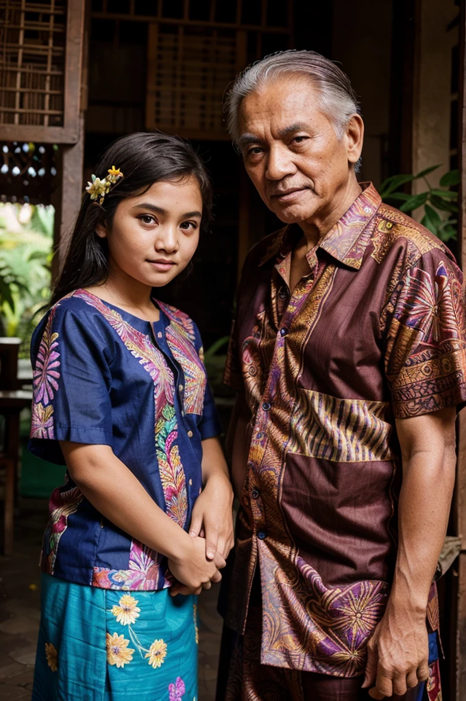A 73 year old grandfather wears batik and a 15 year old granddaughter wears batik