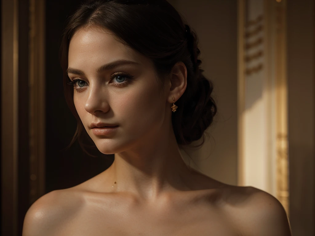 A chiaroscuro portrait of a woman, beautiful detailed eyes, beautiful detailed lips, extremely detailed eyes and face, long eyelashes, porcelain skin, elegant hairstyle, intricate jewelry, dramatic lighting, Renaissance style, dramatic shadows, warm golden tones, dramatic chiaroscuro lighting, ultra-detailed, 8k, photorealistic, masterpiece, cinematic, dramatic atmosphere, elegant and regal