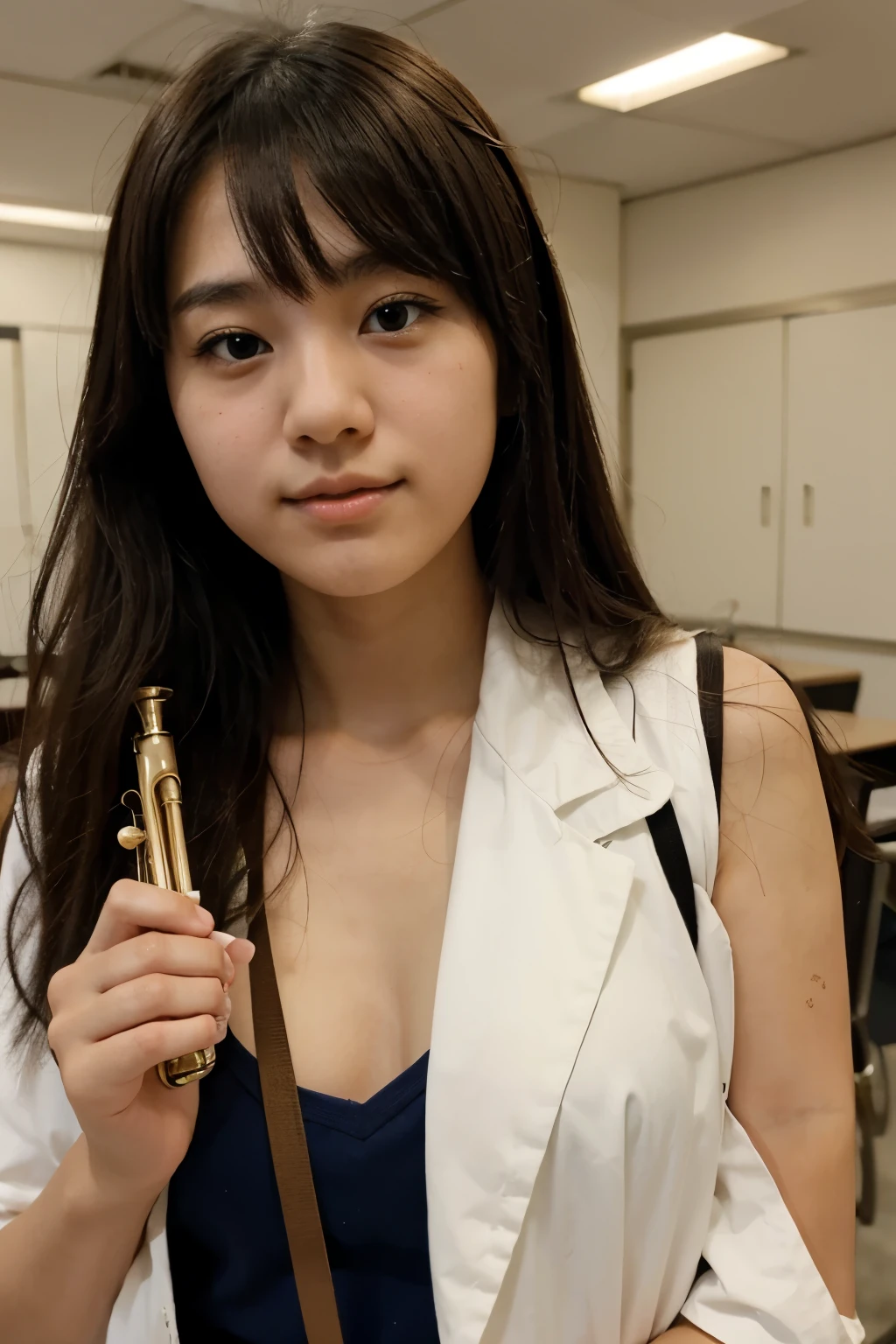 a beautiful girl student from japan high school, playing a trumpet.