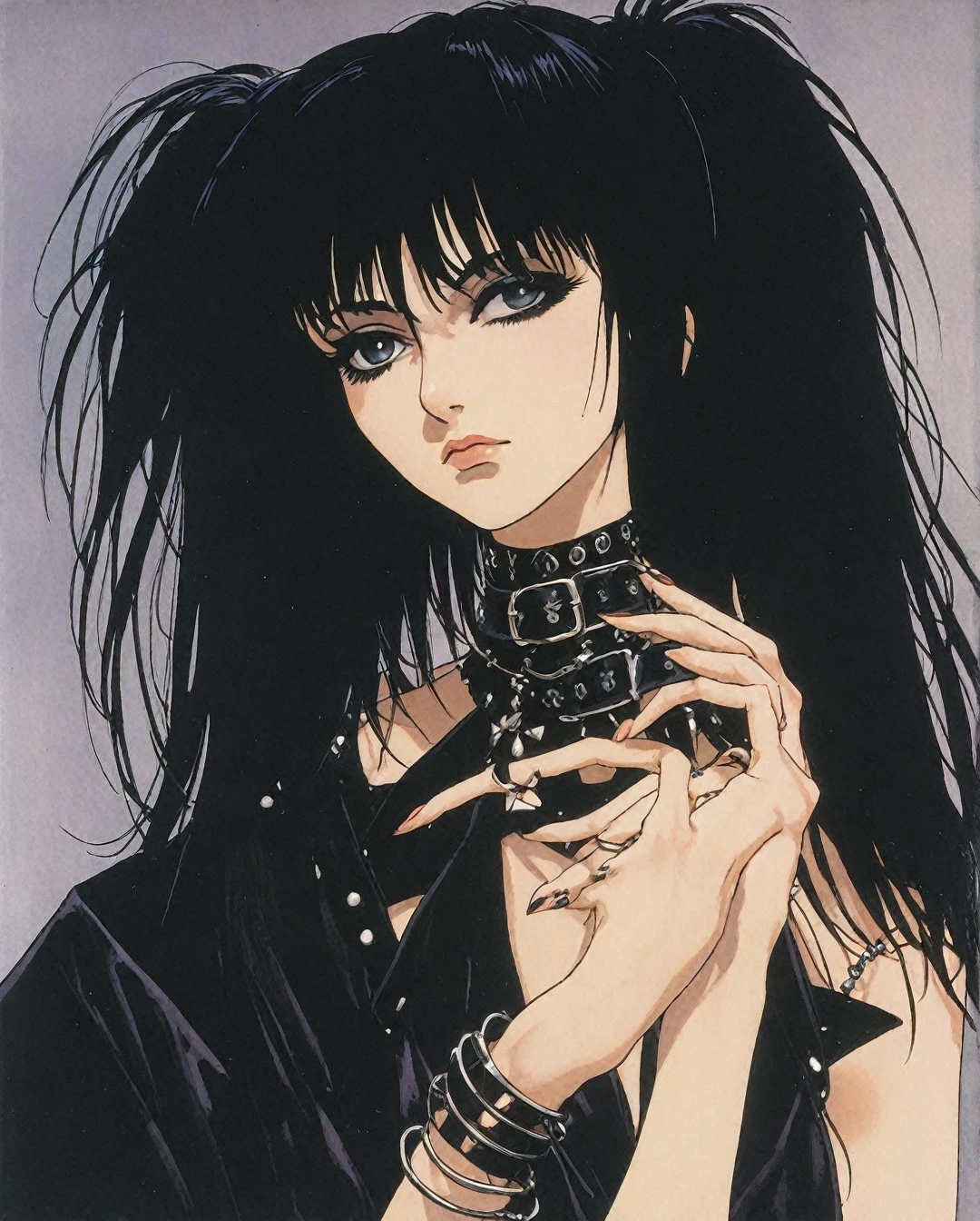 Flat-colored still of a photo of a Goth woman, Siouxsie Sioux, long black hair with bangs, spike choker, spike bracelet... anime girl from a 80s Anime portrayed by hajime sorayama, looking away from the viewer, solemn expression