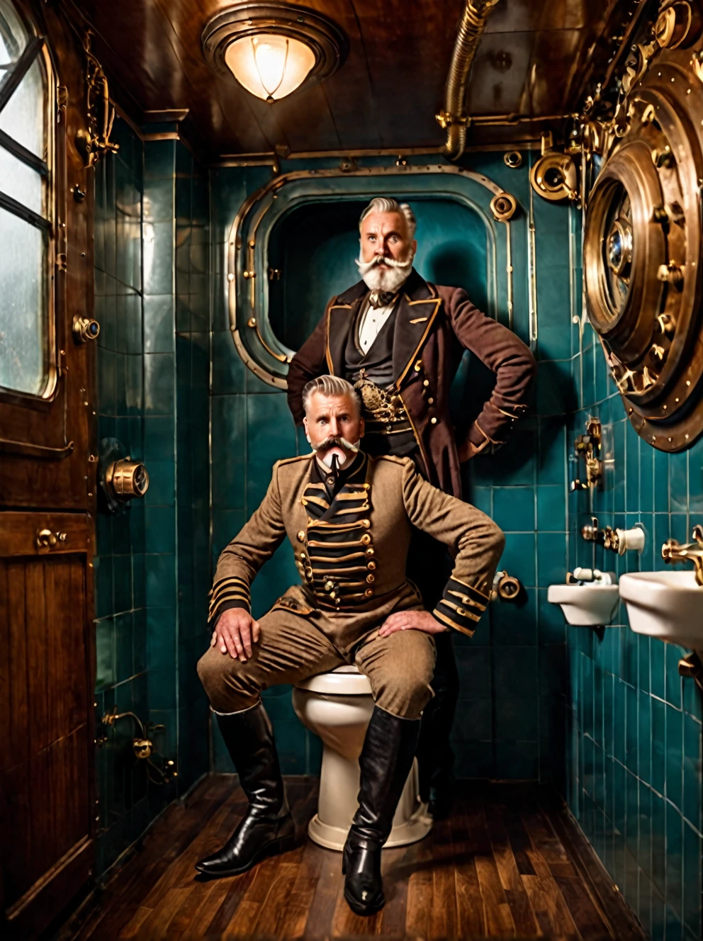 photo focus on male focus, indoors, realistic scenery, (captain nemo:1.1), retro-futuristic, sat on the toilet,  mouth open, expression of relief, steampunk nautilus-style. very wide shot, character photo portrait, film, professional,