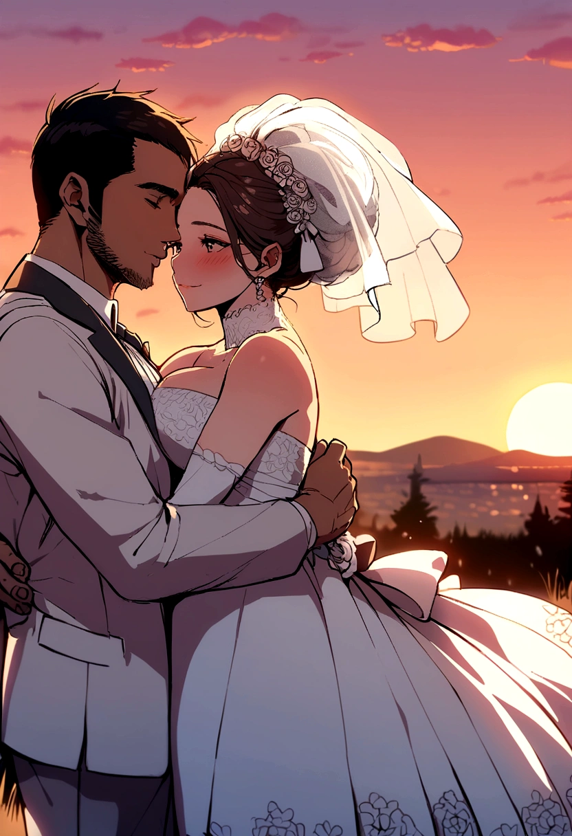 Two men hugging and a pregnant woman in wedding clothes with a sunset