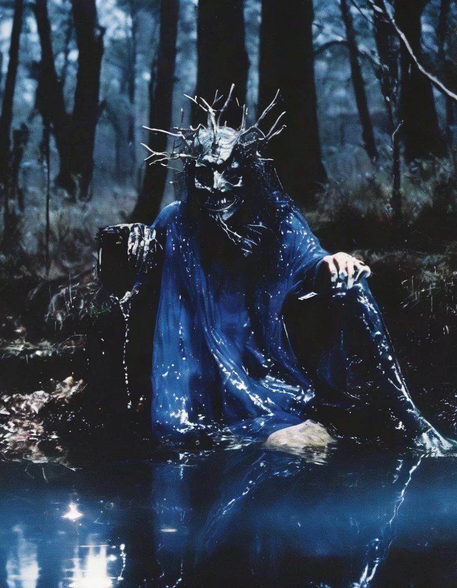 film photography, vintage, fashion photography of horror, horror mask in black water, blue night forest background