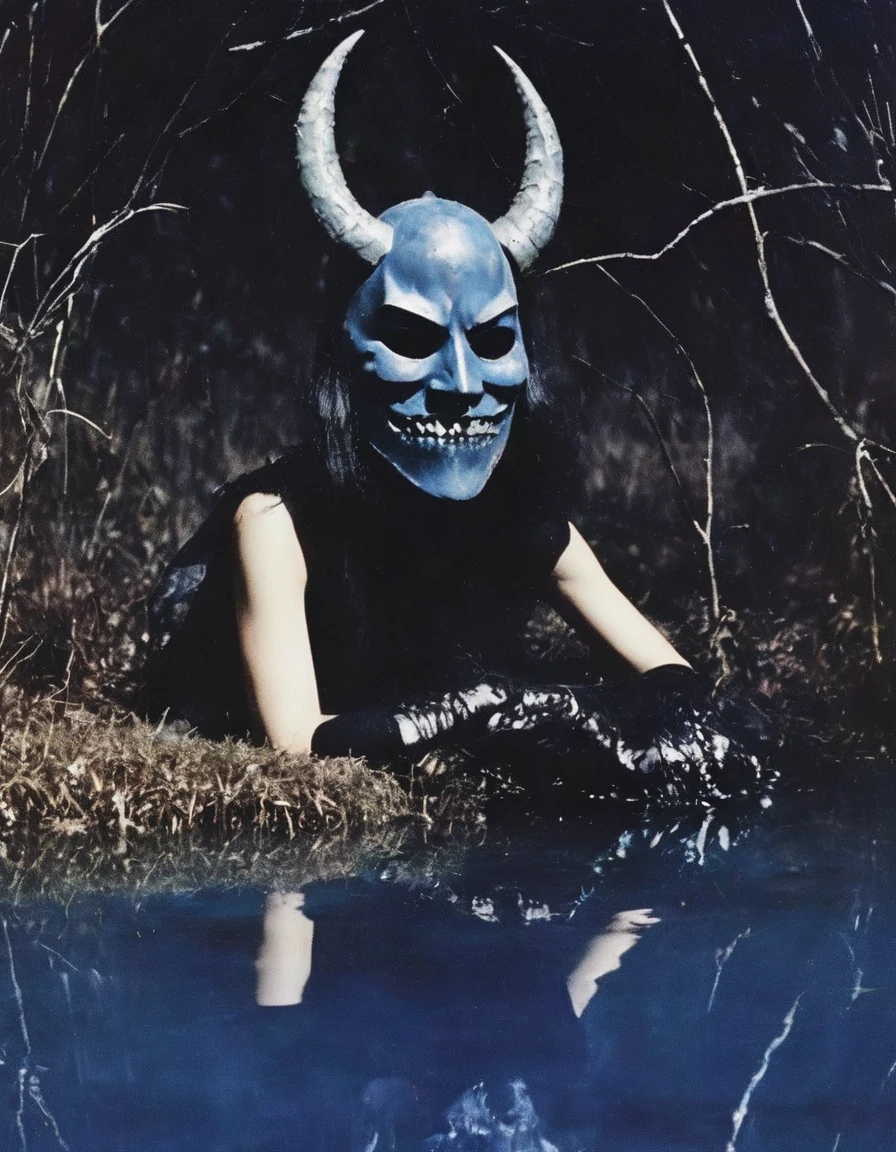 film photography, vintage, fashion photography of horror, horror mask in black water, blue night forest background