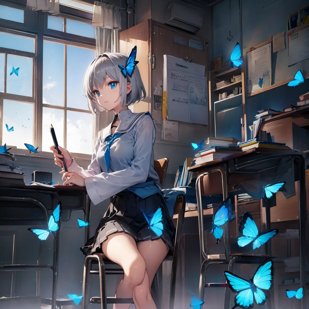 (((1 person Gray Hair Holding a pen classroom Chair sit))) ((High resolution short hair tie Black Skirt Rin々Funny face )) ((student blue eyes Close-up)) ((Blue Butterfly night 学校のclassroom Shining Aura sit Catch the wind Looking at the moon outside)) (smile Bathed in light) 月night moonlight star Shuriken Shining Background Shining Edge
