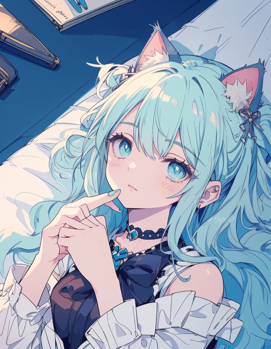 sleepy, lying, arms up, closed eyes, ((masterpiece, best quality:1.5)), ((Beautiful detailed cat aqua eyes:1.2)), cat ears, pale skin, small breasts, beautiful hands, beautiful fingers, EasyNegative