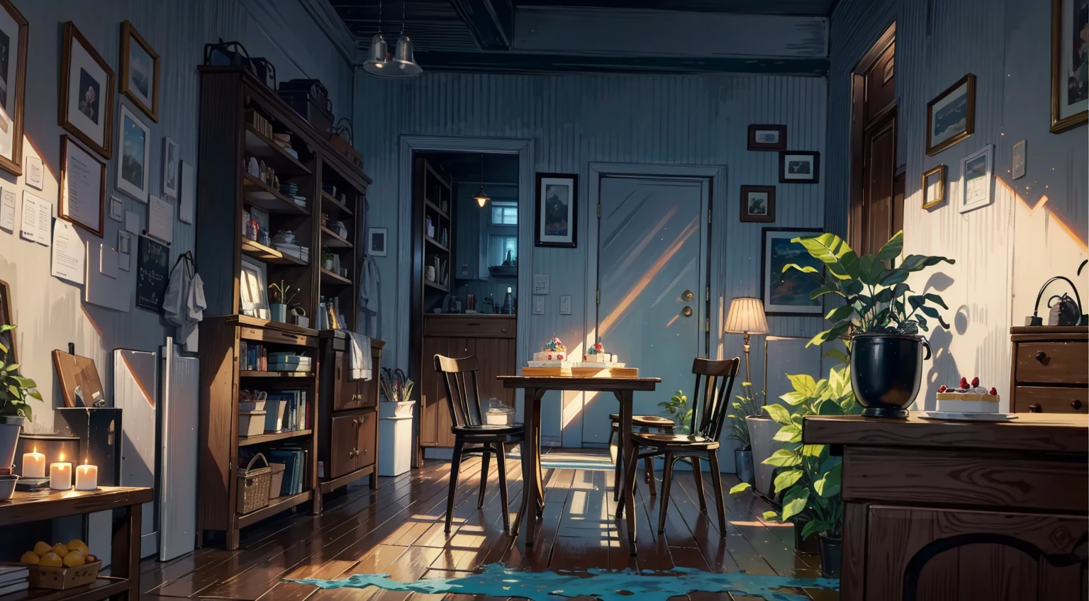 (best quality,masterpiece:1.2,detailed details,4k),A dim old apartment, a small birthday cake on an old wooden table, a modern apartment, an alarm clock on the wall, an anime scene,the wooden floor,